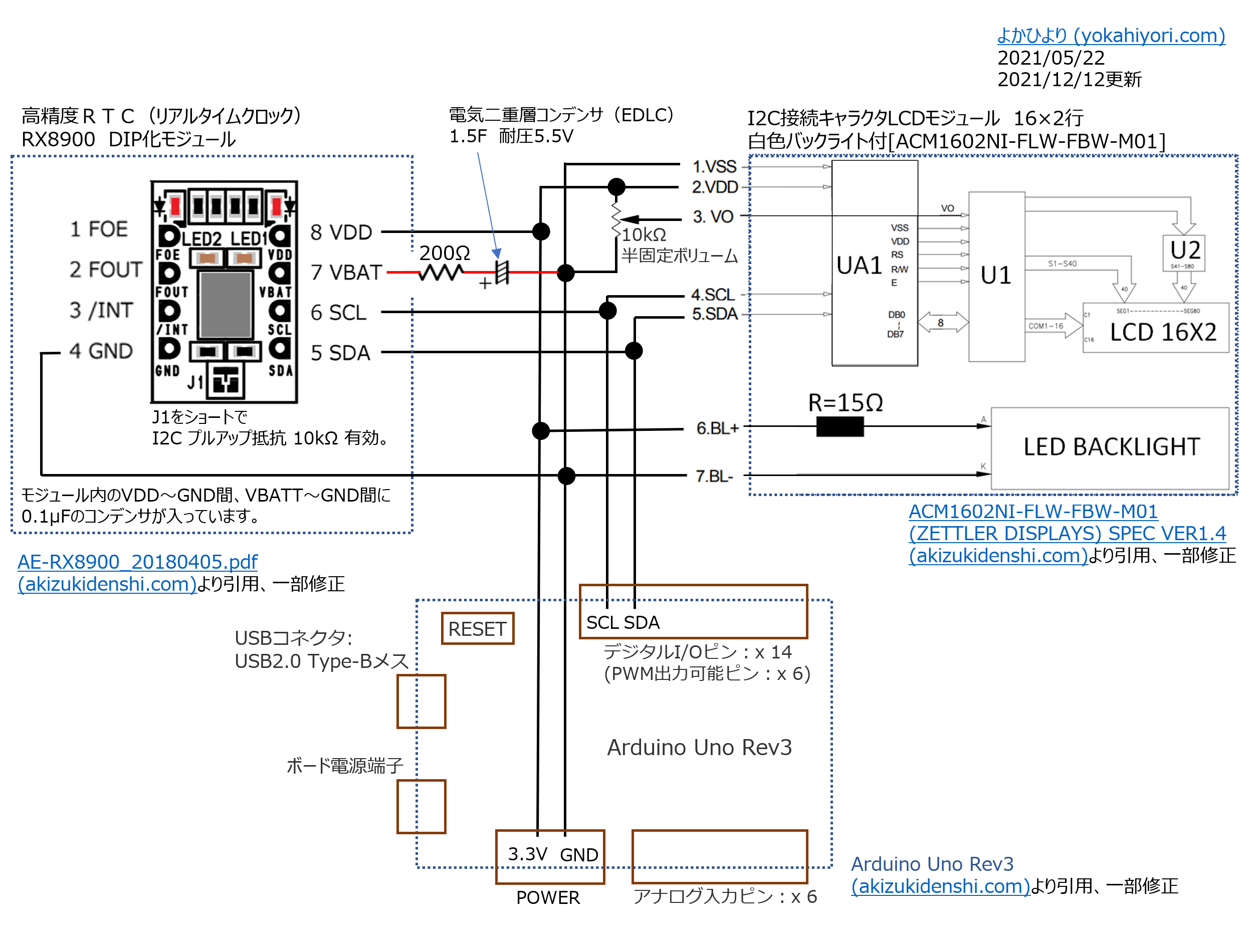 RX8900を使ったLCD時計の結線図