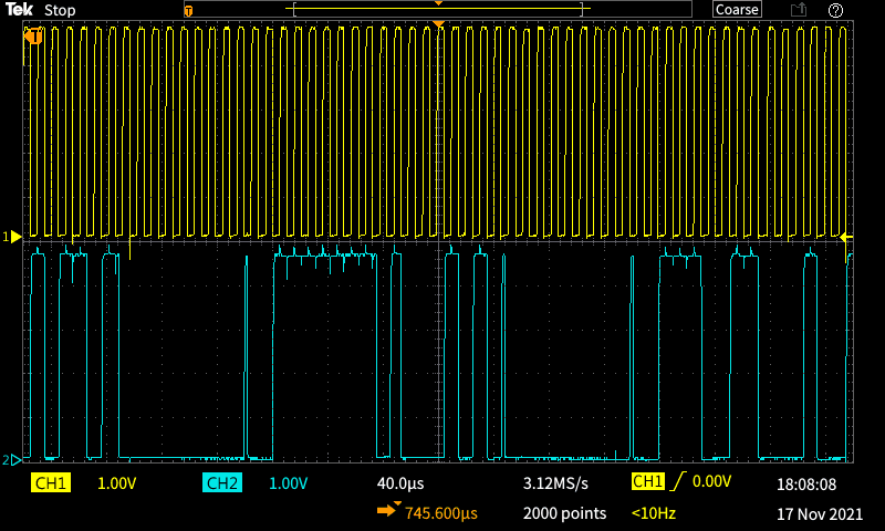 I2C（SCLとSDA）信号のデジタルオシロスコープ波形