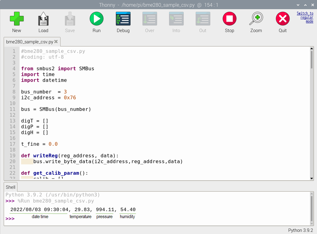 csv形式出力の bme280_sample_csv.py を実行