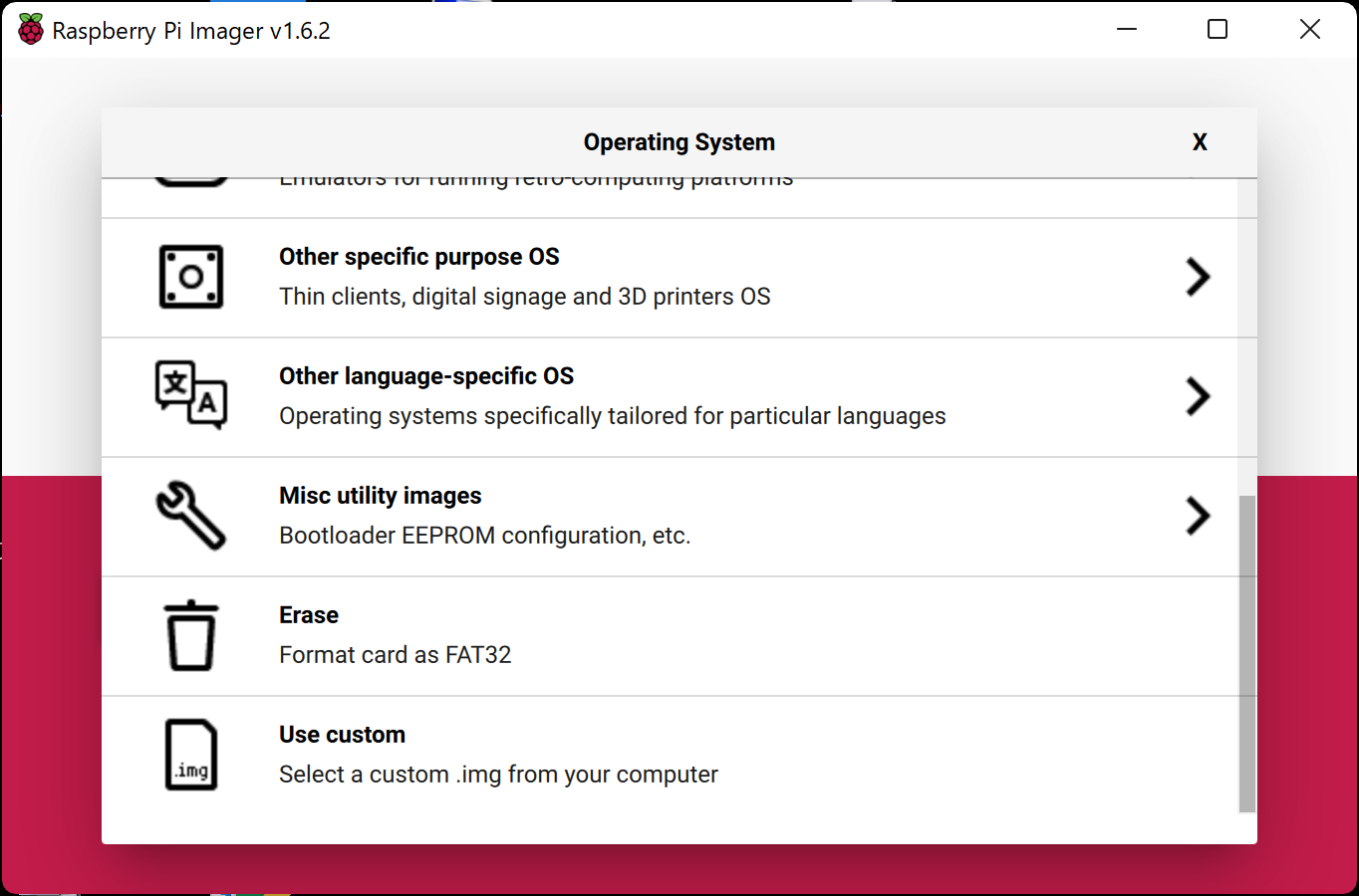 Operating Systemで「Erase」を選択