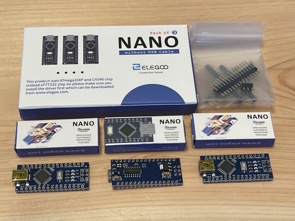 ELEGOO製のNano互換ボード。3個入りパッケージ