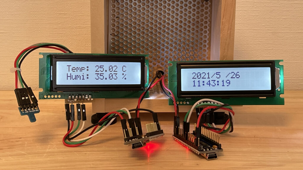 Arduino Nano互換ボードでLCD時計とLCD温湿度計を小型化、二合枡に組み込み