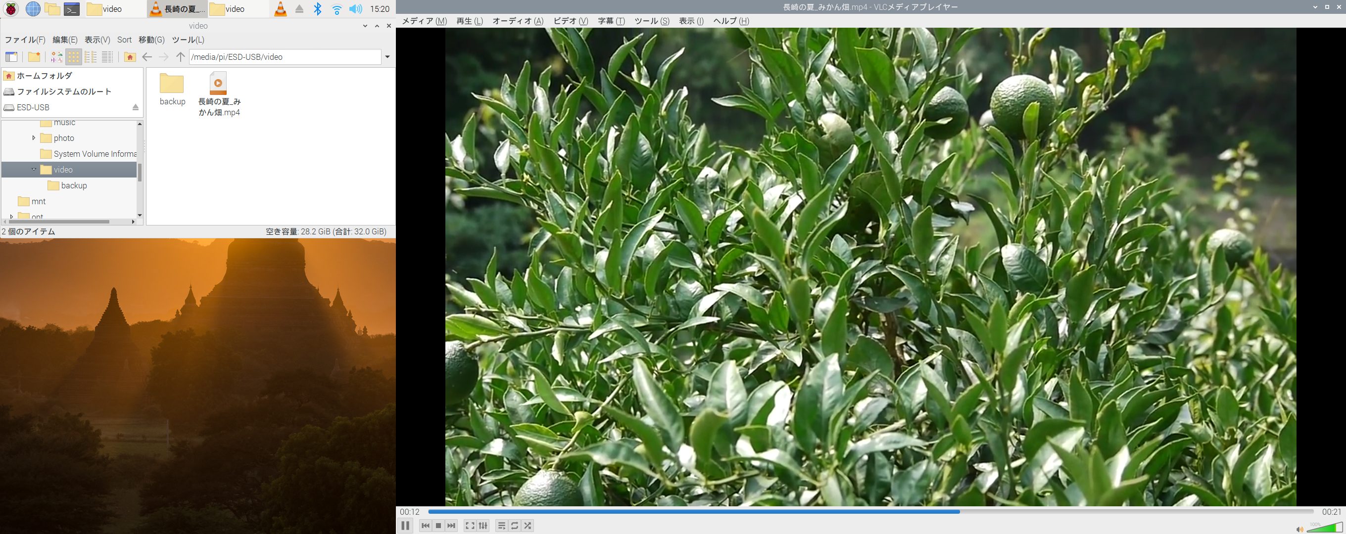 右側のHDMI画面に、全画面表示で動画を再生。この動画はは2009年に旅行先で撮ったみかん畑です。