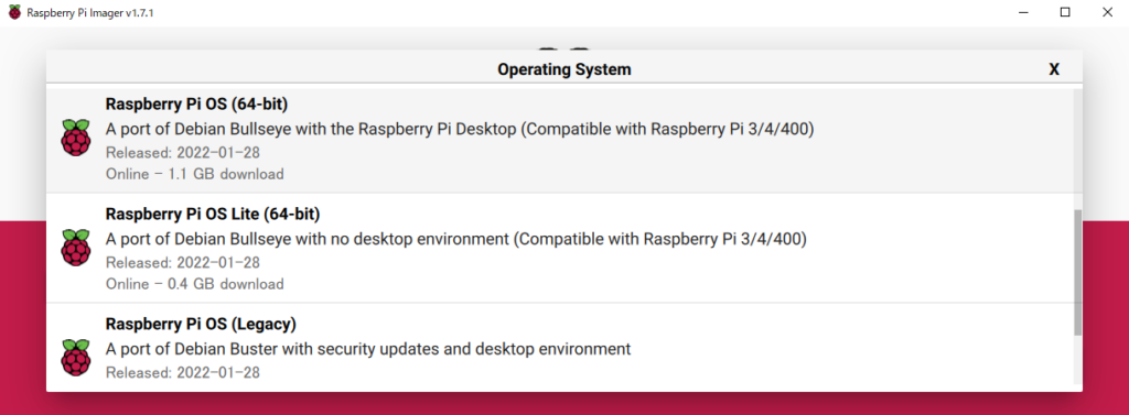 64bit版Raspberry Pi OSのインストールメニュー