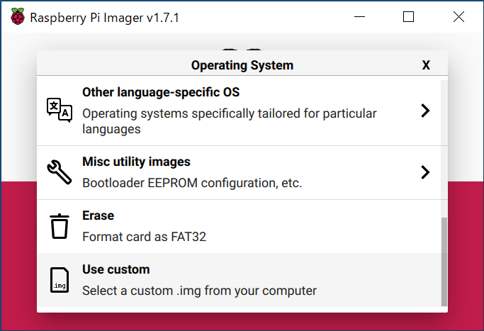 「Use custom」からzip形式のイメージファイルを指定してインストール
