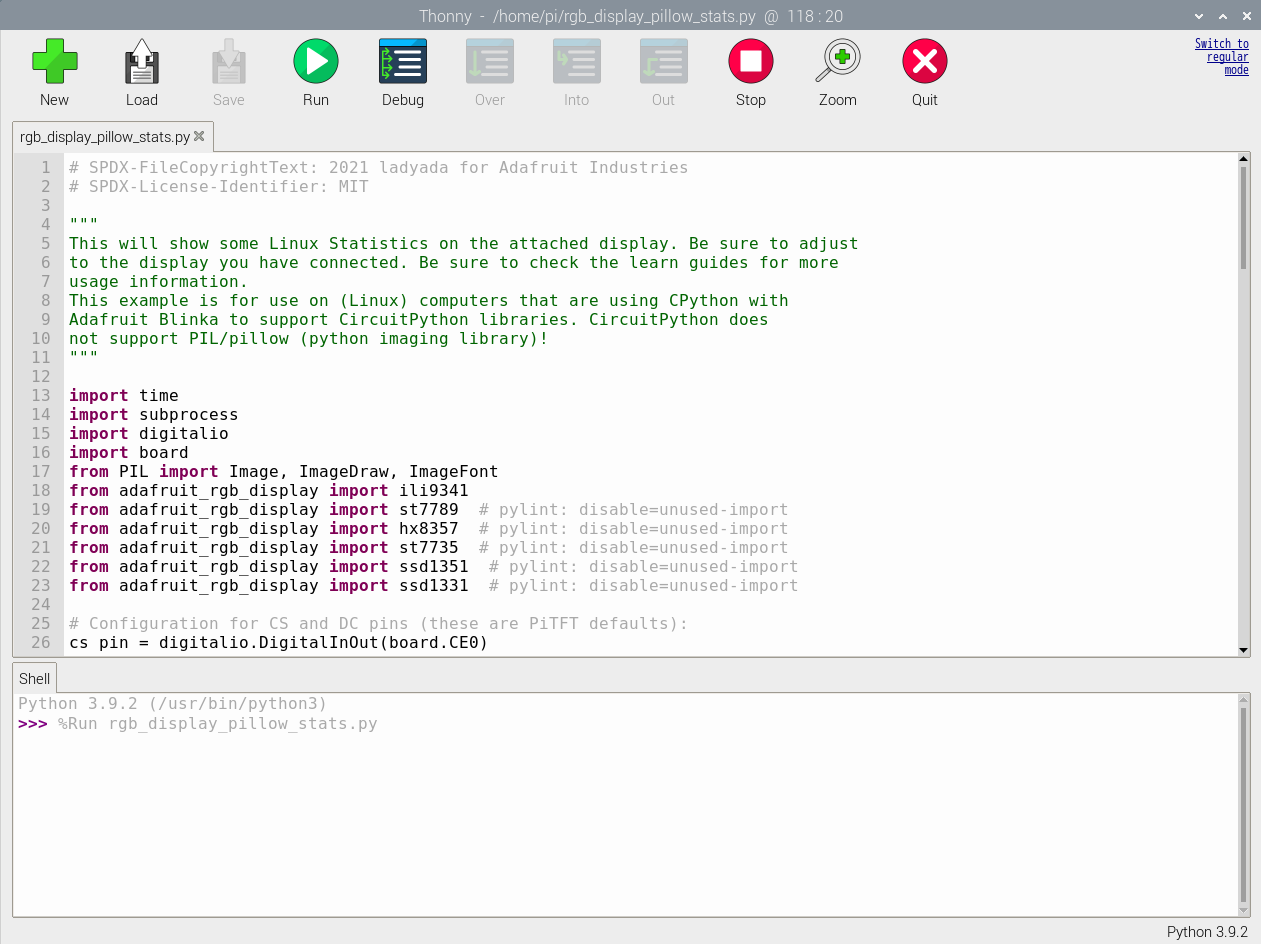 サンプルプログラム「rgb_display_pillow_stats.py」の実行