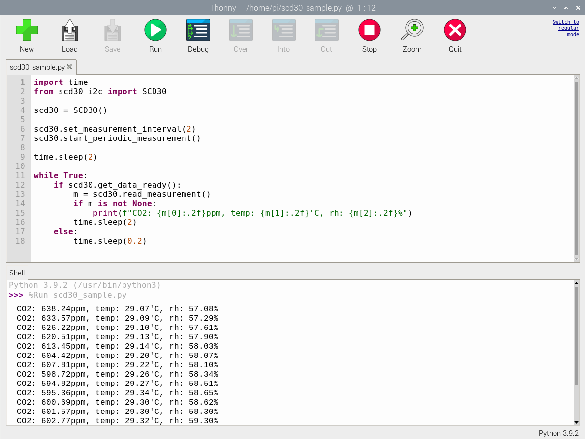 サンプルコードscd30_sample.pyを実行