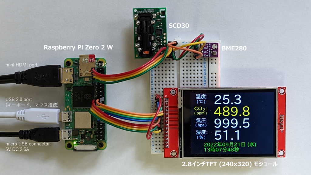 Raspberry Pi Zero 2 W ＋ Raspberry Pi OS ＋ PythonでCO2濃度、気圧、温湿度の測定