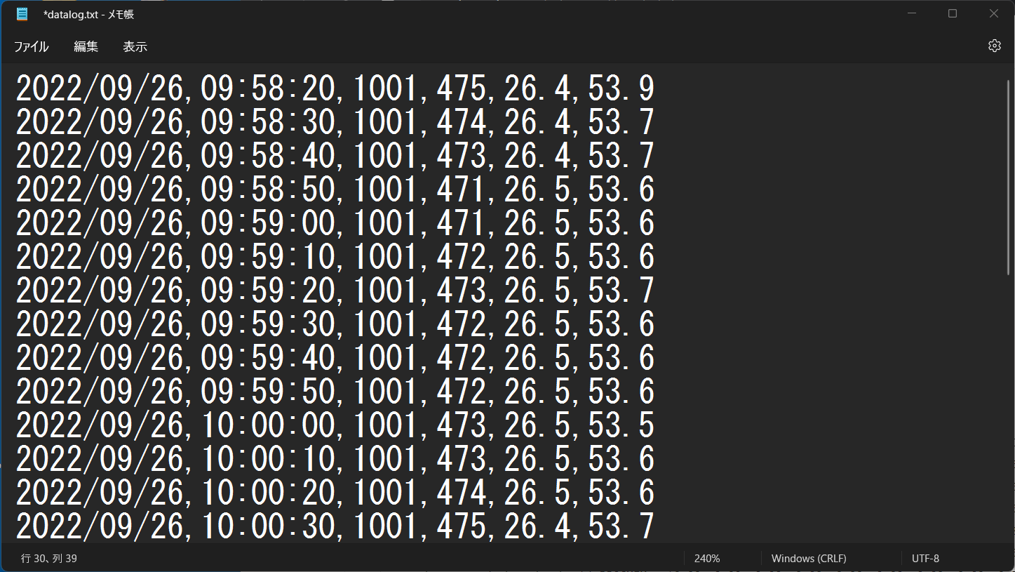 SDカードに記録した測定データ